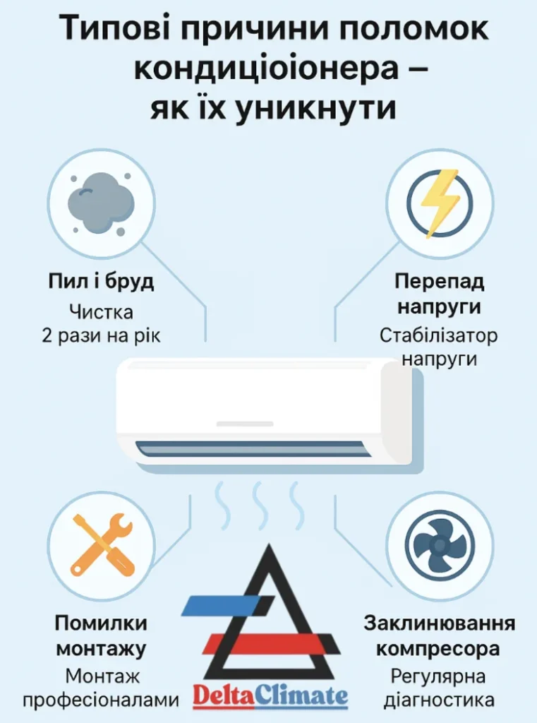 Типові причини поломки кондиціонера — інфографіка від DeltaClimate, ремонт кондиціонерів у Києві