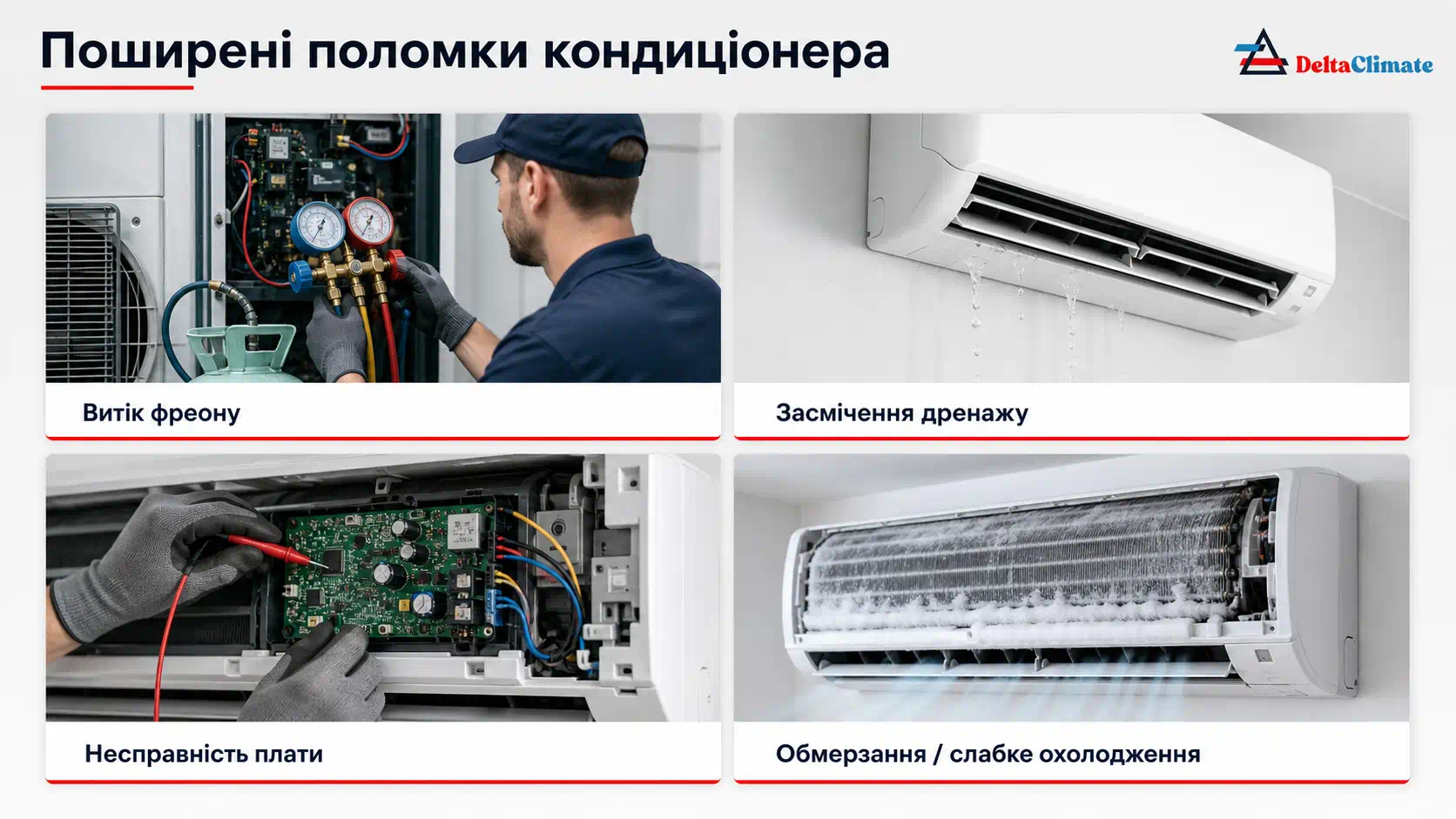 Поширені поломки кондиціонера у Києві: витік фреону, засмічення дренажу, несправність плати та обмерзання